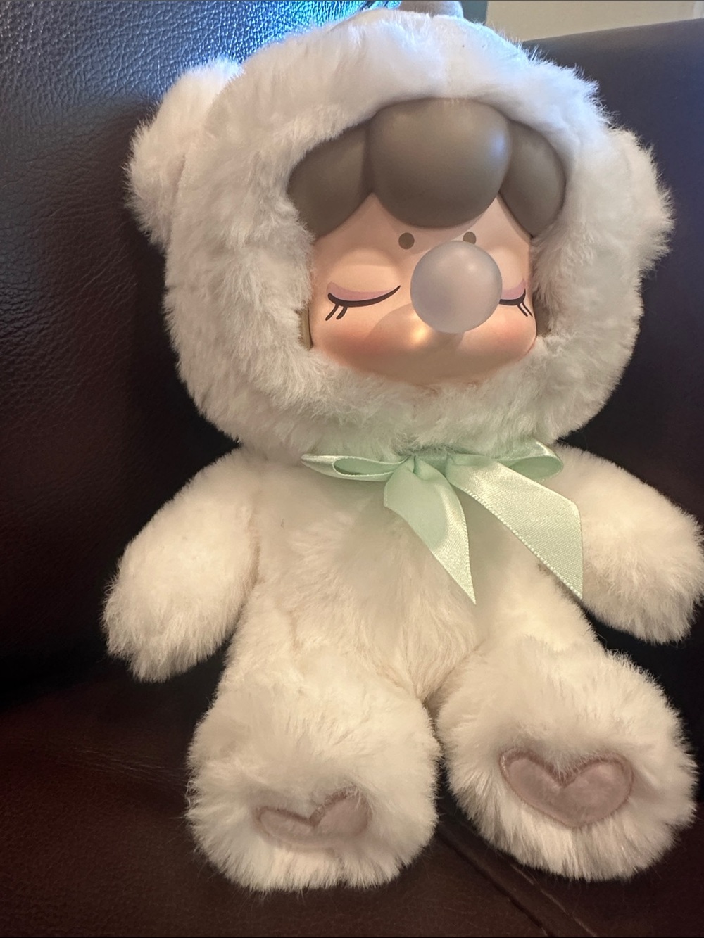 Plush Baby Doll in Cream Faux-Fur Snowsuit with Mint Bow Accent